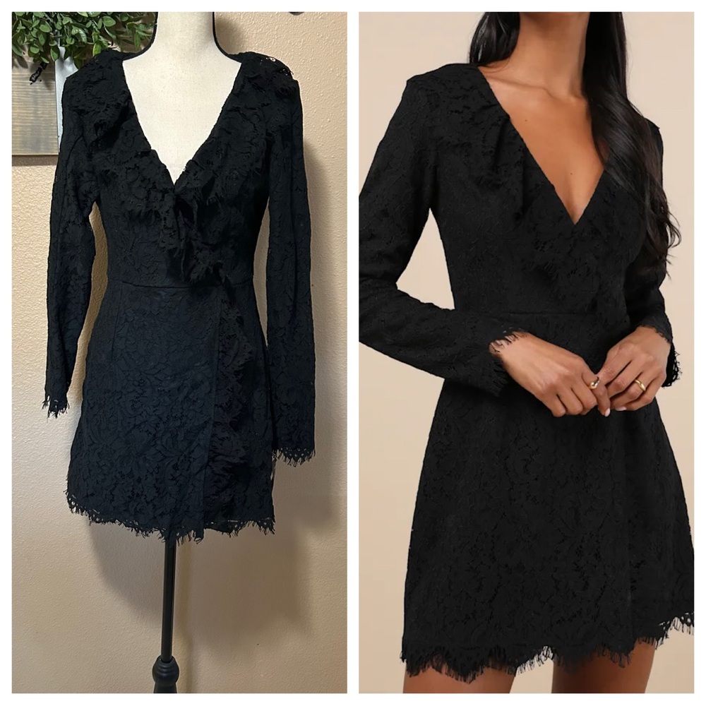 NWT Lulus Memorably Romantic Black Lace Long Sleeve Mini Dress